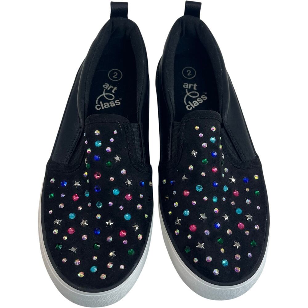 Art Class Girls Slip On Sneakers Black Rhinestone Stars Size 2 Casual Shoes